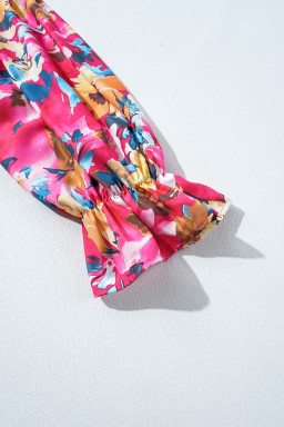 Bright Pink Floral Patchwork Flounce Sleeve Plus Knit Top