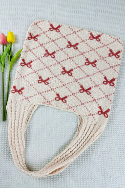 Fiery Red Bow Argyle Pattern Cable Knit Shoulder Bag