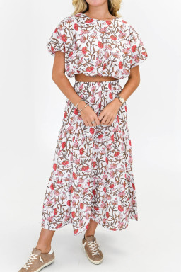 Multicolour Boho Floral Shirred Short Sleeve Round Neck Skirt Set