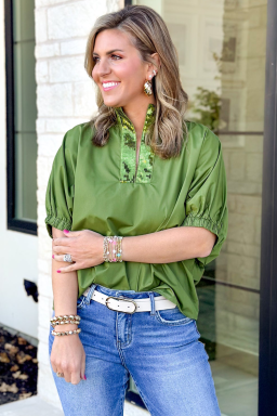 Fern Green V-neck Short Sleeved Sequined Collar T Shirt