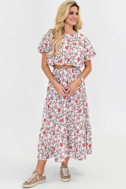 Multicolour Boho Floral Shirred Short Sleeve Round Neck Skirt Set