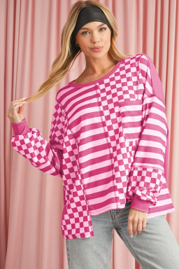 Rose Red Checkered Striped Patchwork Lantern Sleeve Top
