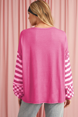 Rose Red Checkered Striped Patchwork Lantern Sleeve Top