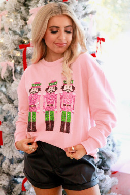 Pink Christmas Nutcracker Patched Pattern Drop Shoulder Sweatshirt