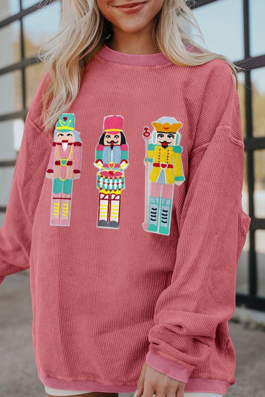 Strawberry Pink Nutcracker Graphic Christmas Corded Sweatshirt
