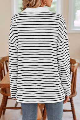 White Casual Polo Neck Striped Long Sleeve Top