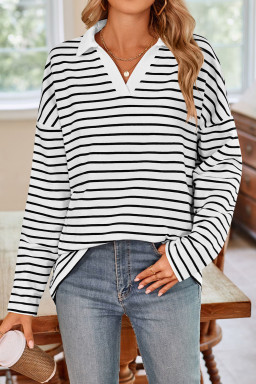 White Casual Polo Neck Striped Long Sleeve Top