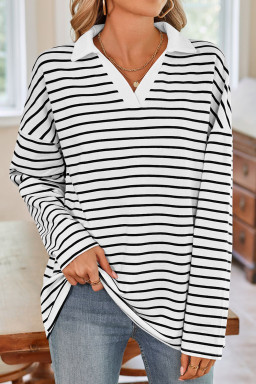 White Casual Polo Neck Striped Long Sleeve Top