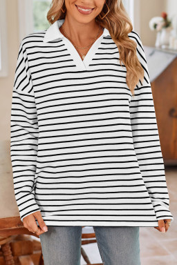 White Casual Polo Neck Striped Long Sleeve Top