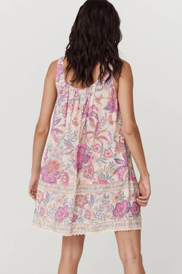 Multicolour Boho Floral Tassel Tie U Neck Mini Dress