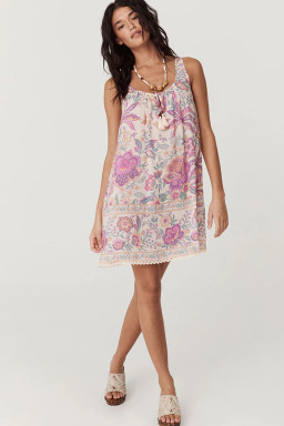 Multicolour Boho Floral Tassel Tie U Neck Mini Dress