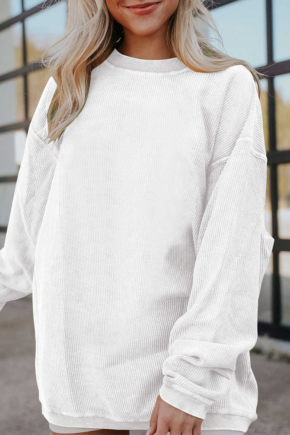 White Drop Shoulder Rib Knit Oversized Sweatshirt