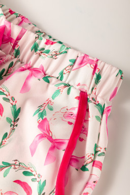 Rose Red Santa Claus Velvet Bow Long Sleeve Satin Loungewear Set