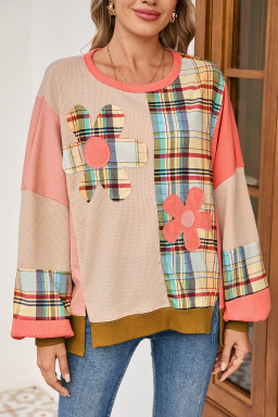 Multicolor Plaid Flower Patchwork Waffle Drop Shoulder Loose Top