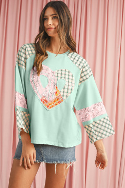 Aqua Plaid Floral Patchwork Heart Long Sleeve Top
