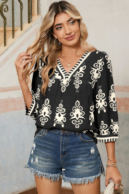 Black Ethnic Abstract Print Puff Sleeve V Neck Blouse