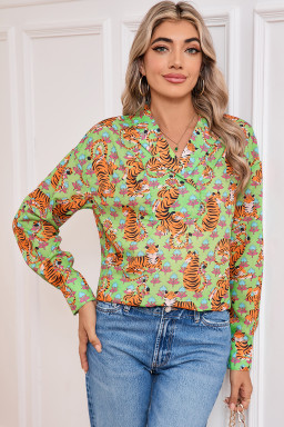 Green Tiger Floral Print Collared V Neck Shirt