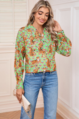 Green Tiger Floral Print Collared V Neck Shirt