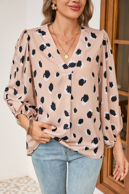 Khaki Leopard V Neck Bracelet Sleeve Blouse