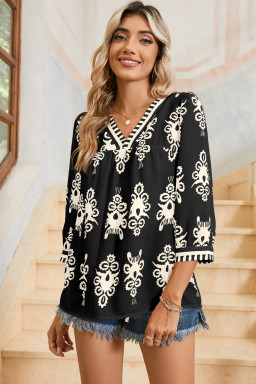 Black Ethnic Abstract Print Puff Sleeve V Neck Blouse