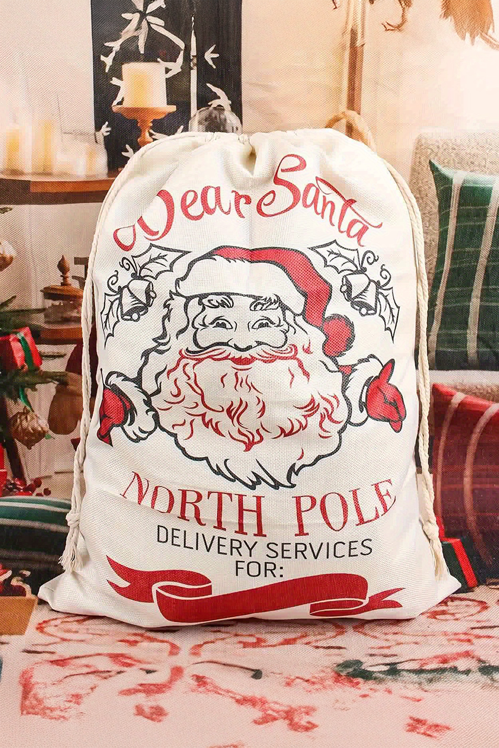 White Santa Claus Drawstring Closure Christmas Party Favor Gift Bag