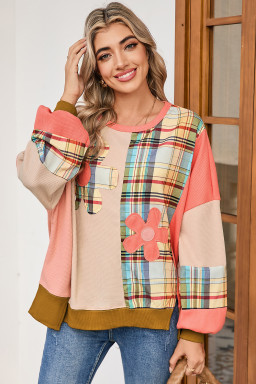 Multicolor Plaid Flower Patchwork Waffle Drop Shoulder Loose Top