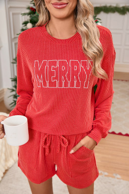 Racing Red Corded MERRY Long Sleeve Top and Shorts Pajama Set