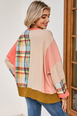 Multicolor Plaid Flower Patchwork Waffle Drop Shoulder Loose Top