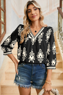 Black Ethnic Abstract Print Puff Sleeve V Neck Blouse
