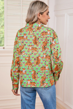 Green Tiger Floral Print Collared V Neck Shirt