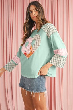 Aqua Plaid Floral Patchwork Heart Long Sleeve Top