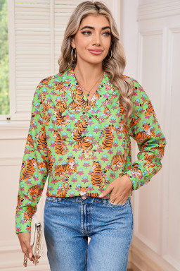 Green Tiger Floral Print Collared V Neck Shirt