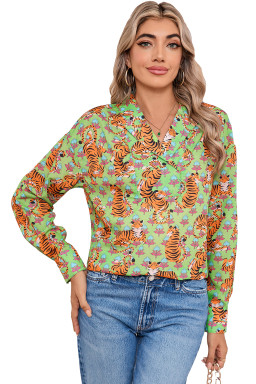 Green Tiger Floral Print Collared V Neck Shirt