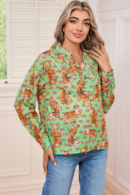 Green Tiger Floral Print Collared V Neck Shirt