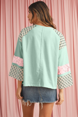 Aqua Plaid Floral Patchwork Heart Long Sleeve Top
