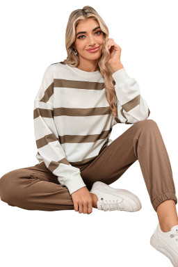 Light French Beige Striped Drop Shoulder Pullover and Joggers Set