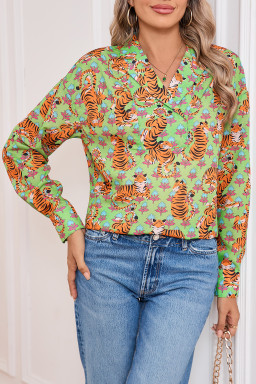 Green Tiger Floral Print Collared V Neck Shirt