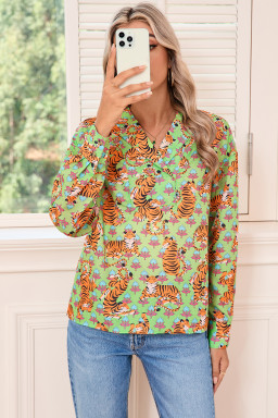 Green Tiger Floral Print Collared V Neck Shirt