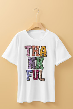 White Heat-transfer Printed THANKFUL Letter Graphic T Shirt