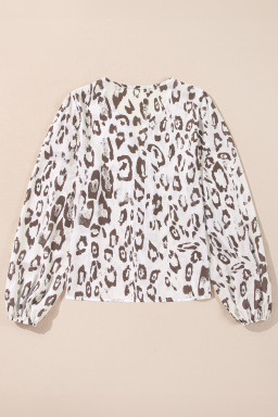 Khaki Leopard Print Split Neck Balloon Sleeve Blouse