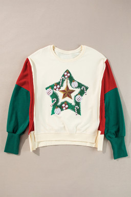 Apricot Sequin Christmas Star Color Block Sleeve Side Slits Sweatshirt