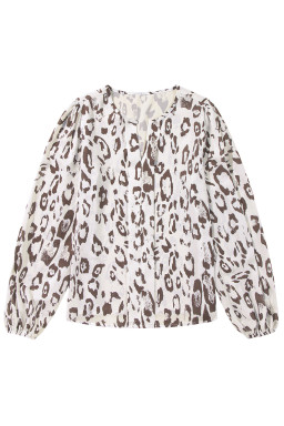 Khaki Leopard Print Split Neck Balloon Sleeve Blouse