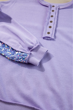 Lilac Sequin Patchwork Henley Sweatshirt