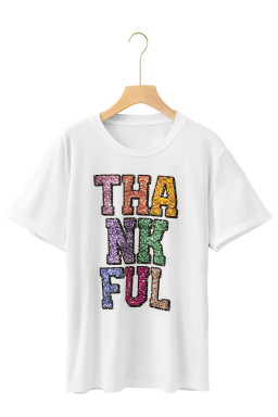White Heat-transfer Printed THANKFUL Letter Graphic T Shirt
