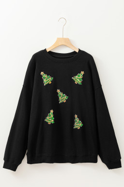 Black Sequin Christmas Tree Pattern Round Neck Plus Size Sweatshirt