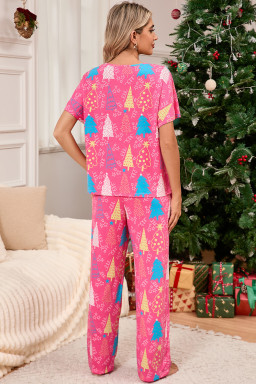 Rose Christmas Tree Print V Neck Tee and Pants Lounge Set