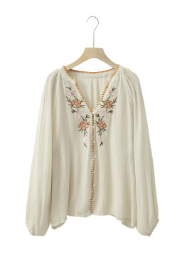 Beige Floral Embroidered Crinkle Puff Sleeve Loose Blouse