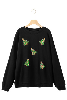Black Sequin Christmas Tree Pattern Round Neck Plus Size Sweatshirt