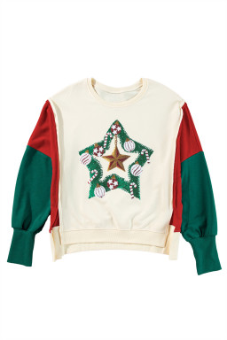 Apricot Sequin Christmas Star Color Block Sleeve Side Slits Sweatshirt