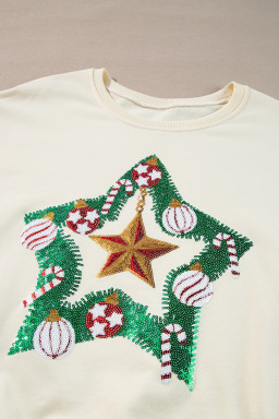 Apricot Sequin Christmas Star Color Block Sleeve Side Slits Sweatshirt